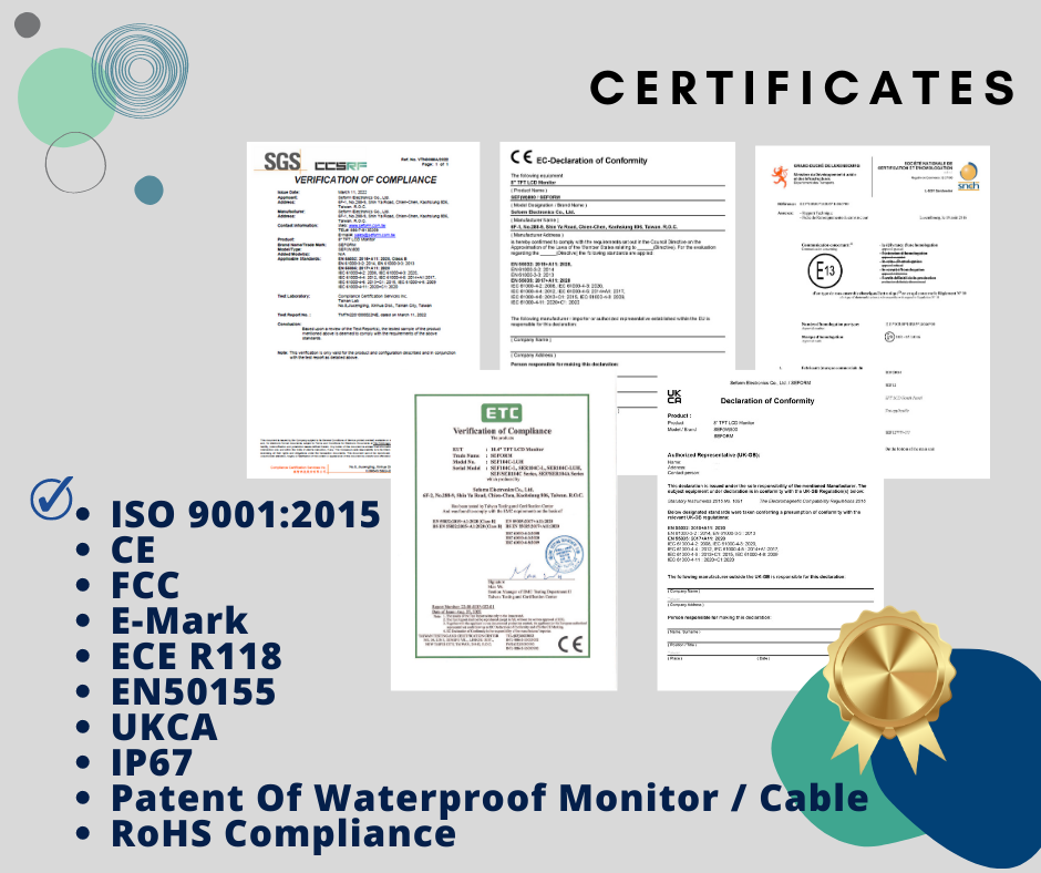 SEFORM ELECTRONICS receives several certificates, including CE, FCC, E-MARK, ECE-R118, EN50155, UKCA, etc.